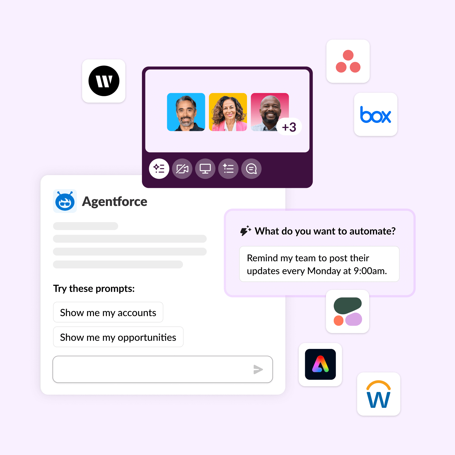 An abstract image showing several UI: Agentforce for Slack, huddles and Slack AI