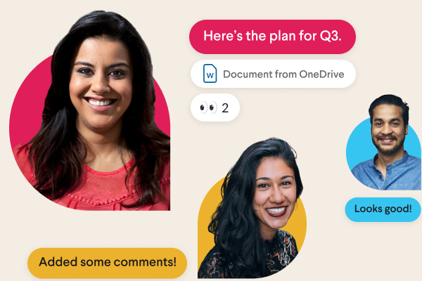 A Slack channel surrounded by users’ profile photos and channel names such as “team design” and “billing”